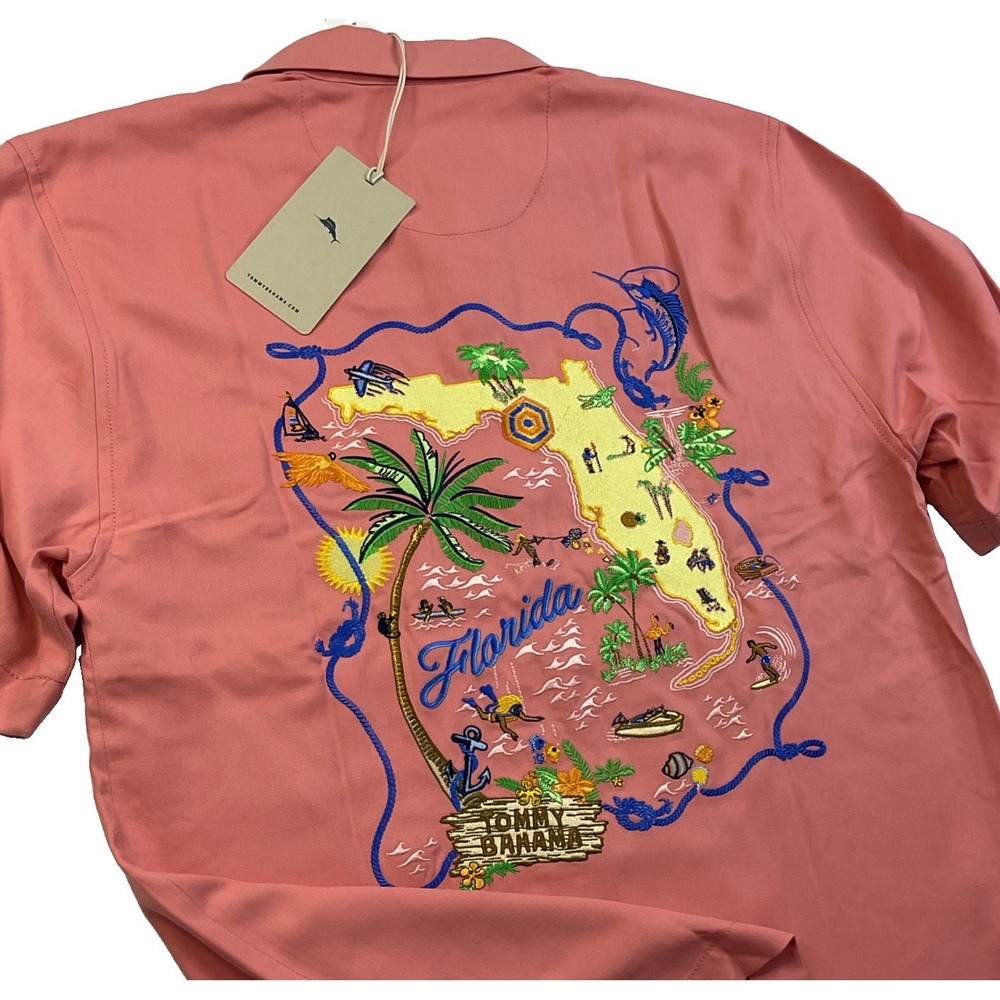 Tommy Bahama Camp Shirt Men Sz XS 100% Silk Florida Fantasy Embroidered Map NWT